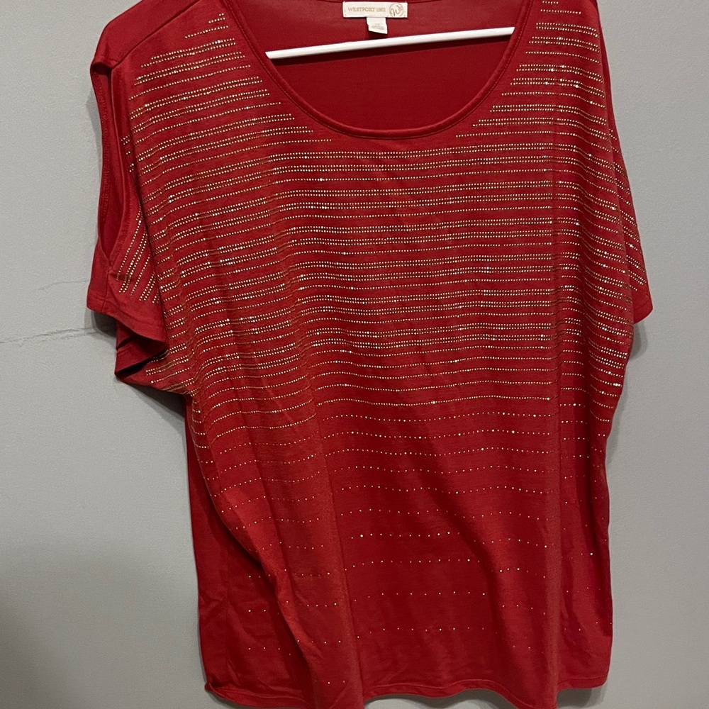 Rust colored Studded Women's Short Sleeve Top with cold shoulder detail